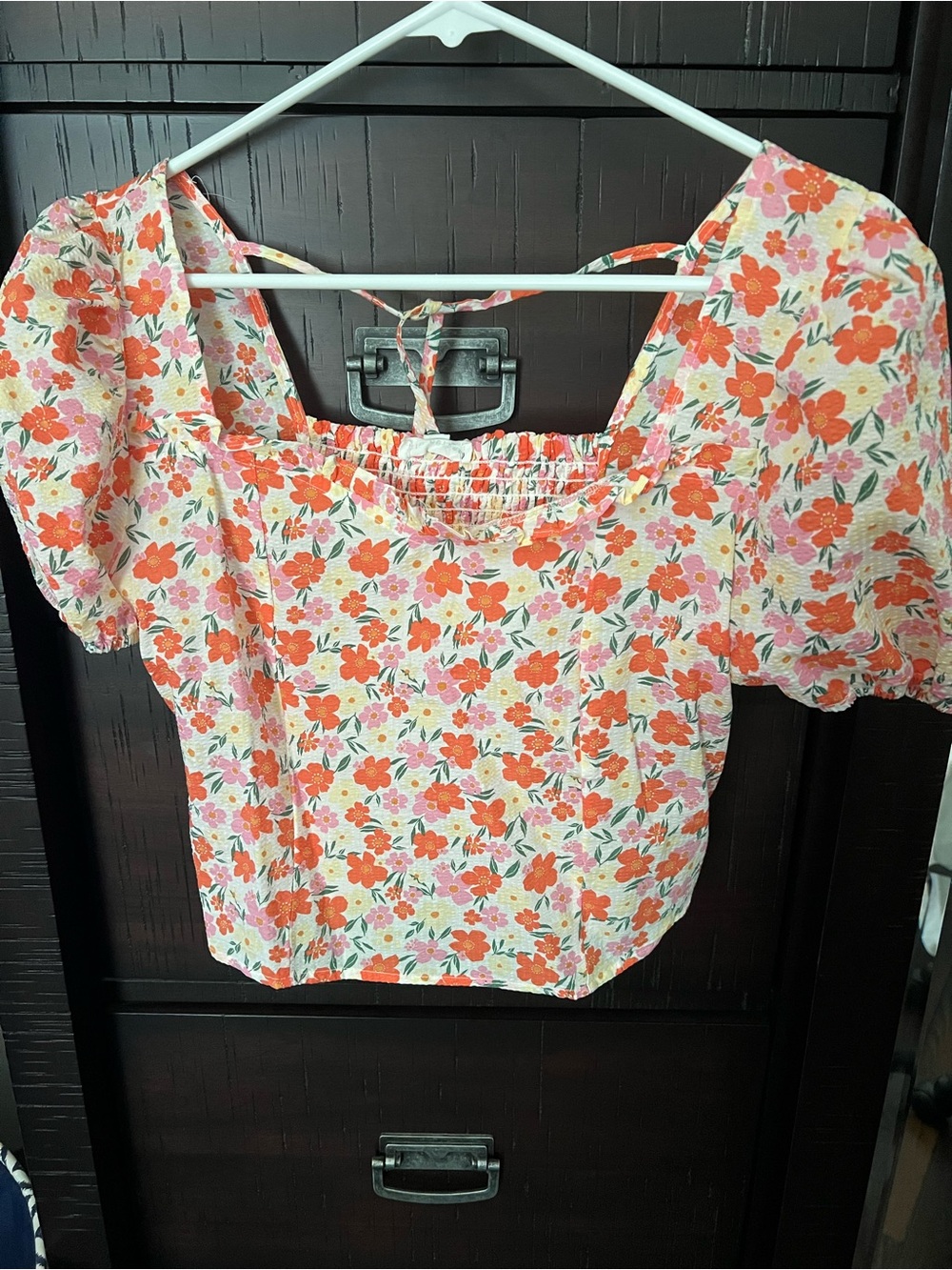 Floral Puff-Sleeve Square Neck Top - Orange/Pink